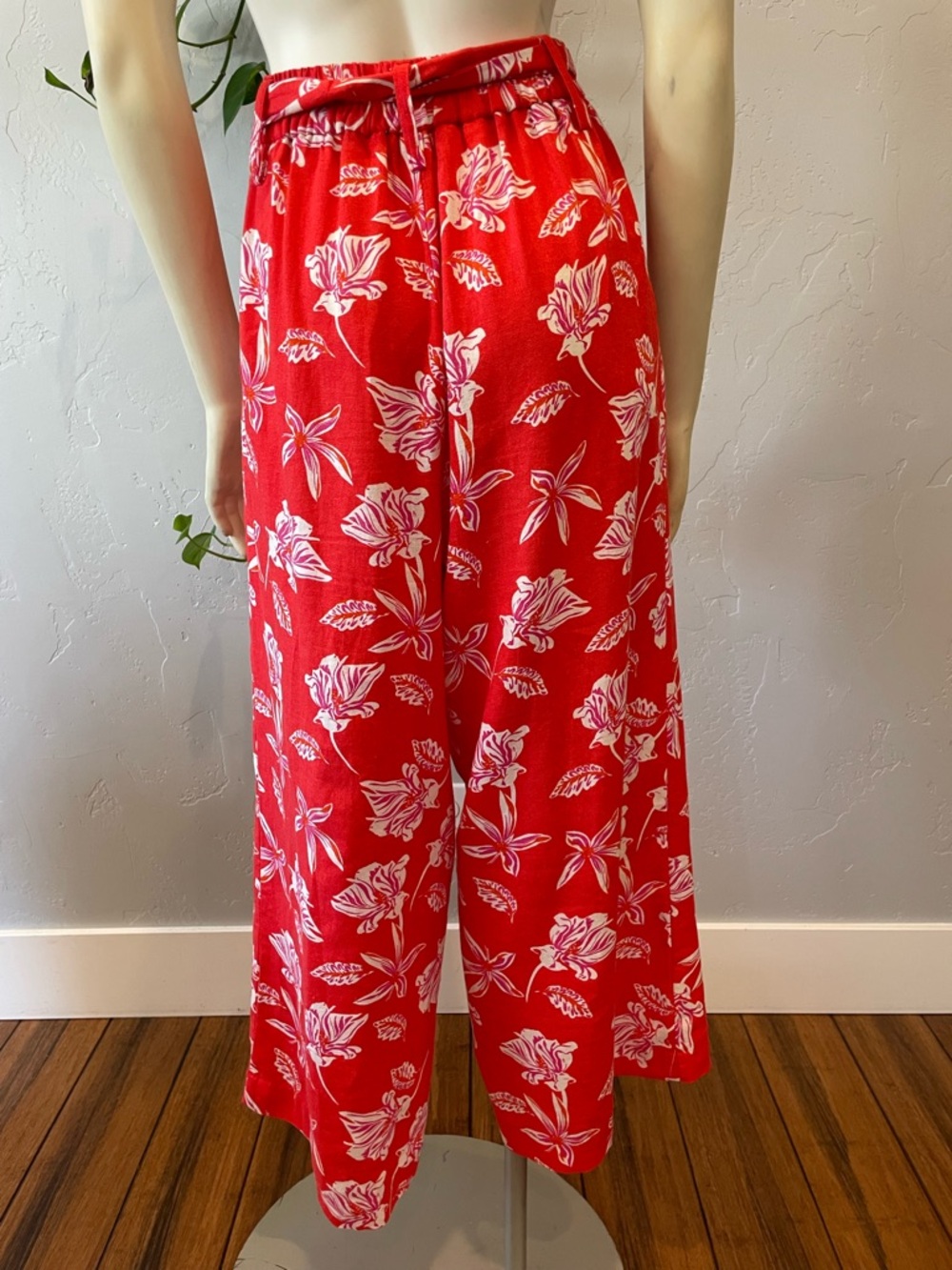 New Maison D’ Amelie linen blend Red Floral Wide-Leg cropped Pants SZ S - Picture 4 of 10